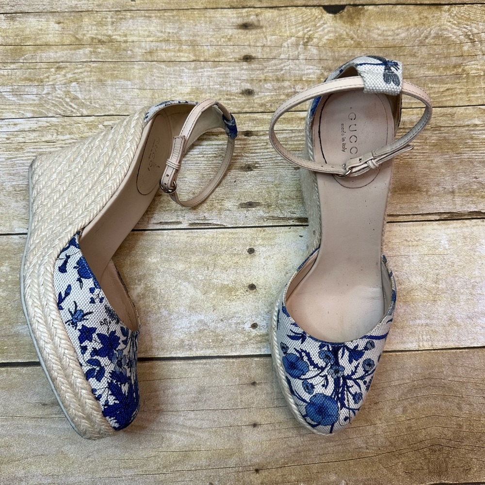 Gucci Cruise 2007 Runway Flora Wedge Espadrille Heels Indigo - Picture 1 of 10